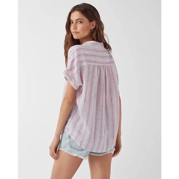 Splendid Button-Up Striped Short Sleeve Collared Pink White Top Size S NWT - Picture 4 of 9